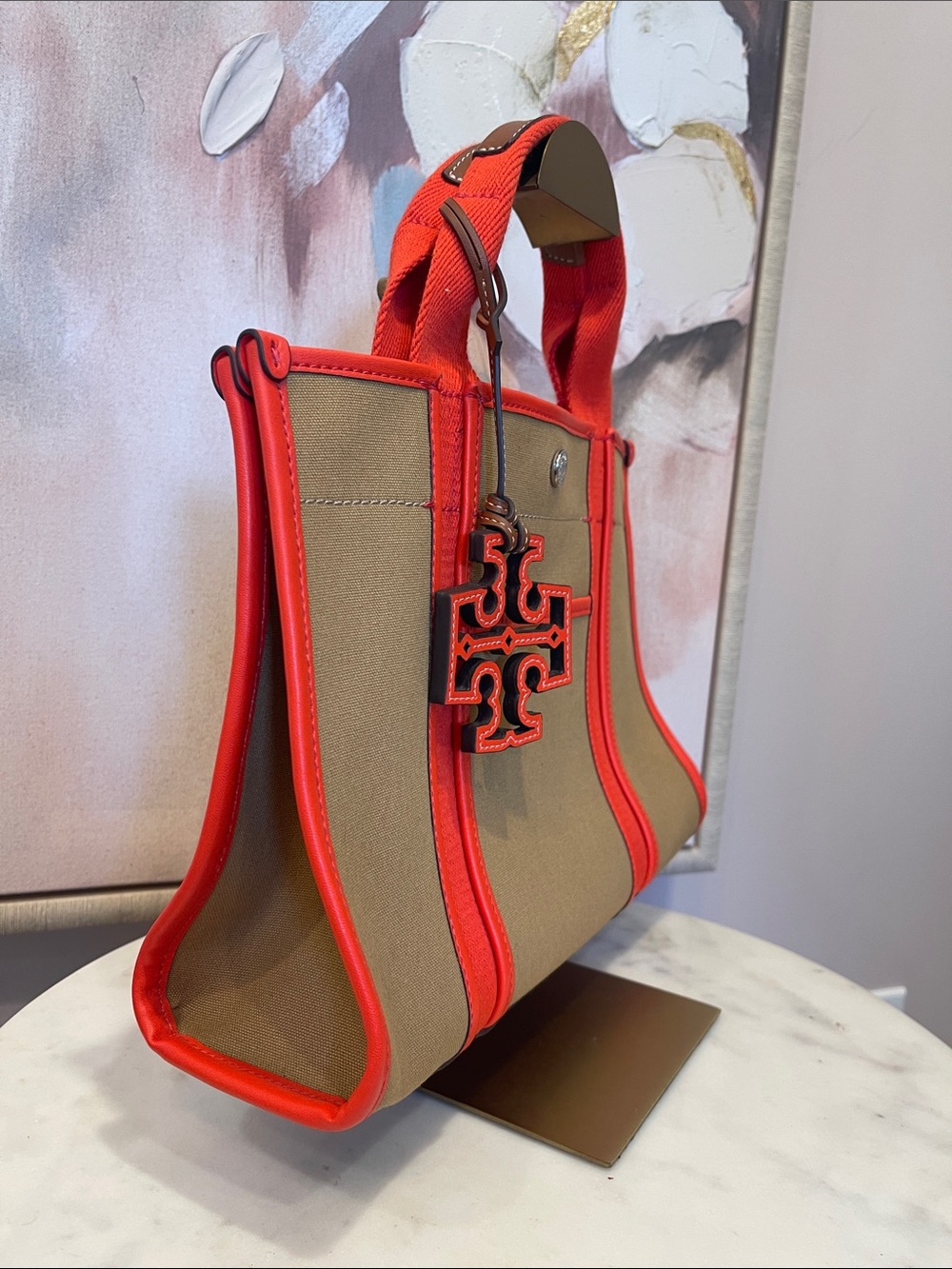 NWOT Tory Burch Tan Canvas Tote with Bright with Coral Trim - Picture 2 of 8